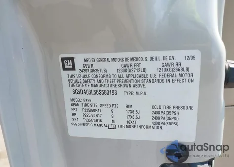 2006 Buick Rendezvous Cx from USA, damaged, VIN 3G5DA03L56S583193